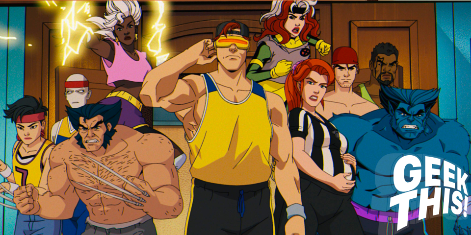 Group of iconic X-Men characters, including Wolverine, Cyclops, Storm, Rogue, and Beast, standing together in a dramatic pose, with the 'Geek This!' logo prominently displayed in the corner. The characters are depicted in a classic animated style, reminiscent of the original X-Men series, highlighting the nostalgic and modern elements of the new X-Men '97 premiere.